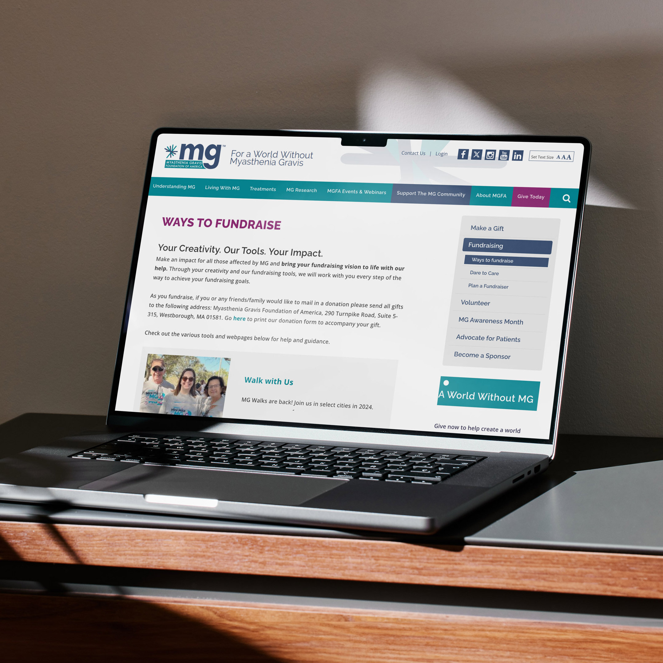 Laptop displaying the fundraising page of the Myasthenia Gravis Foundation of America website
